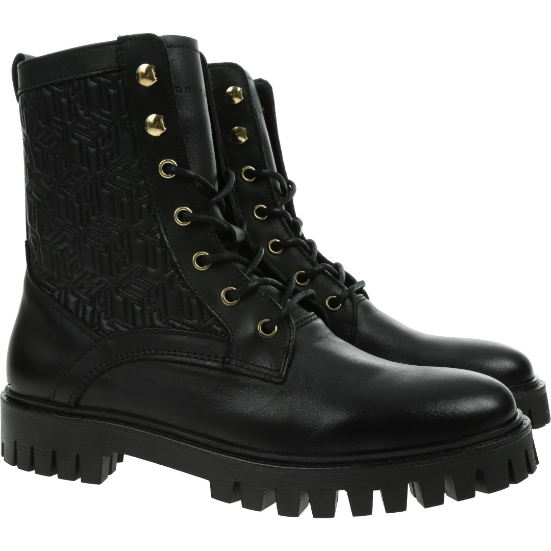 Czarne Glany Botki TOMMY HILFIGER Th Monogram Lace Up Boot FW0FW05994 BDS