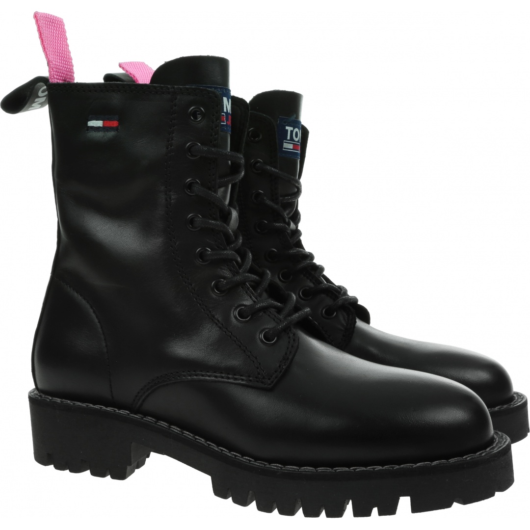 Czarne Glany Botki TOMMY JEANS Leather Lace Up EN0EN01543 BDS