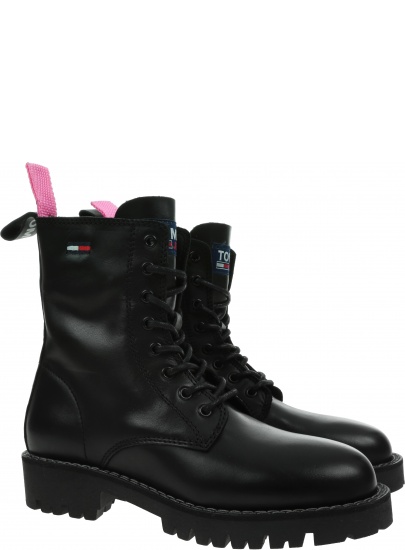Czarne Glany Botki TOMMY JEANS Leather Lace Up EN0EN01543 BDS