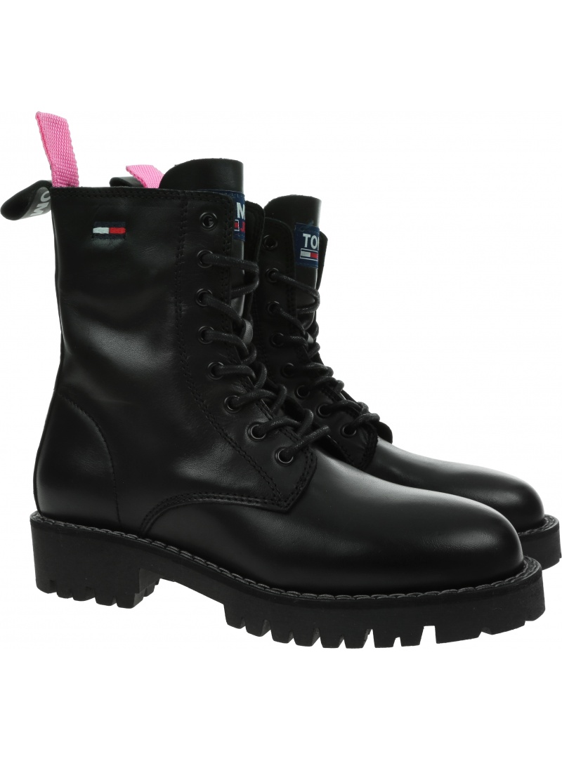 Czarne Glany Botki TOMMY JEANS Leather Lace Up EN0EN01543 BDS