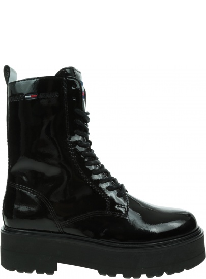 Czarne Glany Botki TOMMY JEANS Patent Lace Up Flat EN0EN01539 BDS