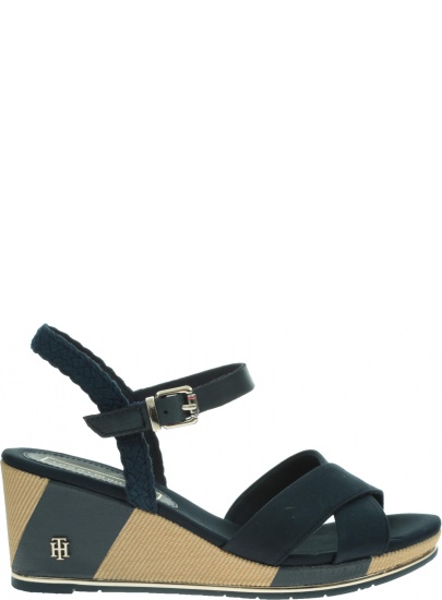 Granatowe Sandały TOMMY HILFIGER Printed Mid Wedge Sa FW0FW03933 403