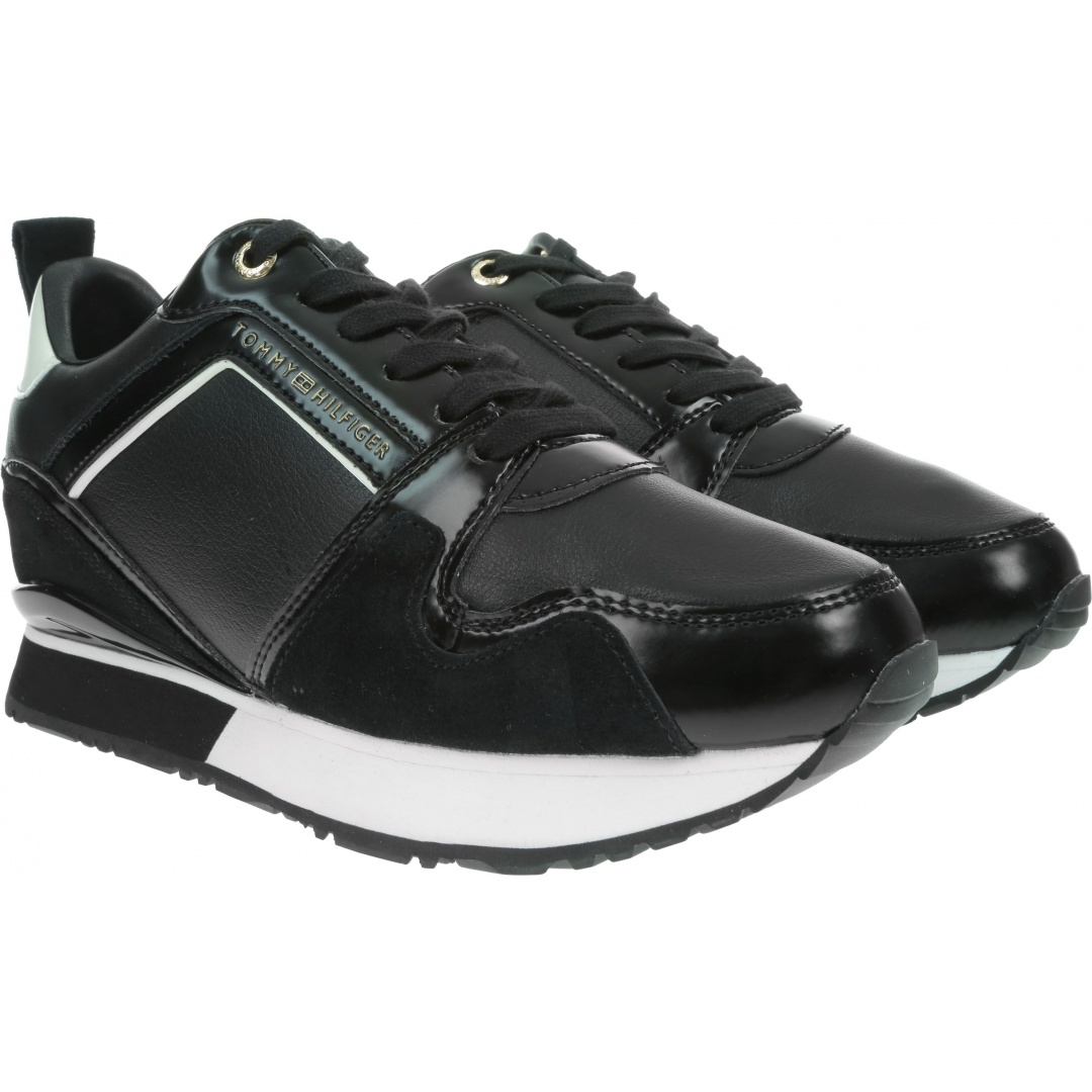 Czarne Sneakersy TOMMY HILFIGER Leather Wedge Sneaker FW0FW04420 990