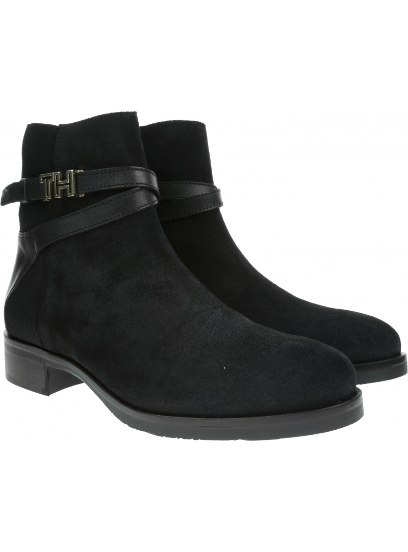 Czarne Botki TOMMY HILFIGER Th Hardware Suede Flat Bootie FW0FW04281 990