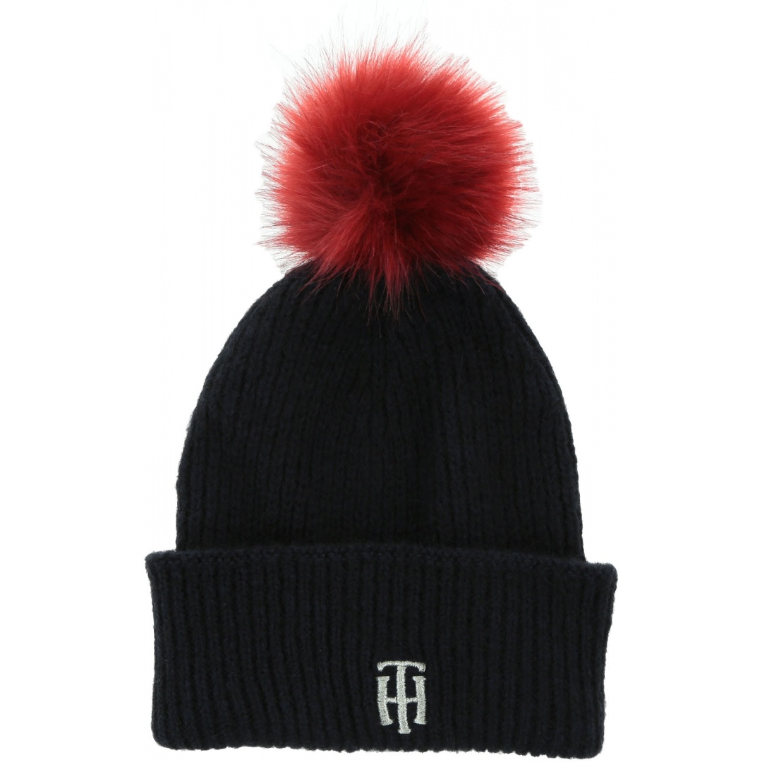Granatowa Czapka z pomponem TOMMY HILFIGER Th Pompom Beanie AW0AW07545 CJM
